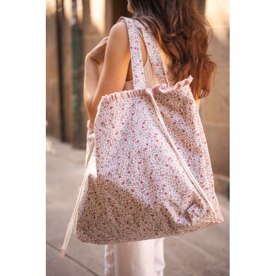 Bolsa playa flor Sara volante bambula rosa