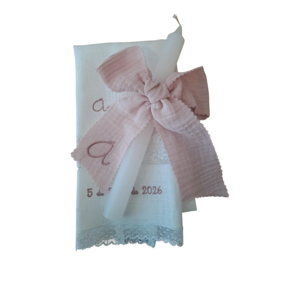 Kit Bautizo vela y toalla lazo rosa inicial