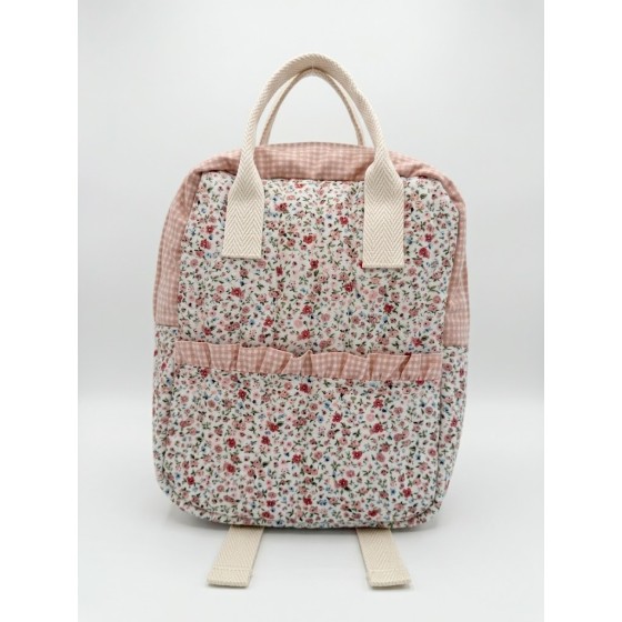 Mochila infantil cuadrada flor Sara y volante vichy nude