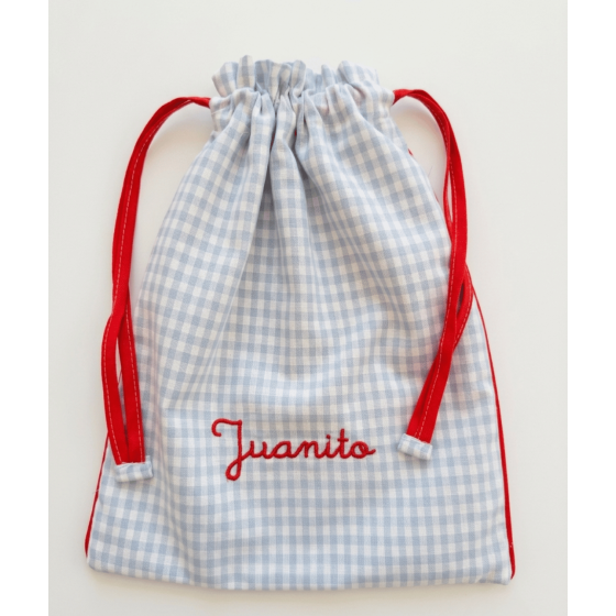 Bolsa merienda vichy azul con nombre en rojo